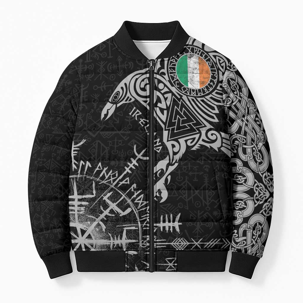 Ireland Viking Ravens Bomber Puffer Jacket Vegvisir Runes Pattern - Wonder Print Shop