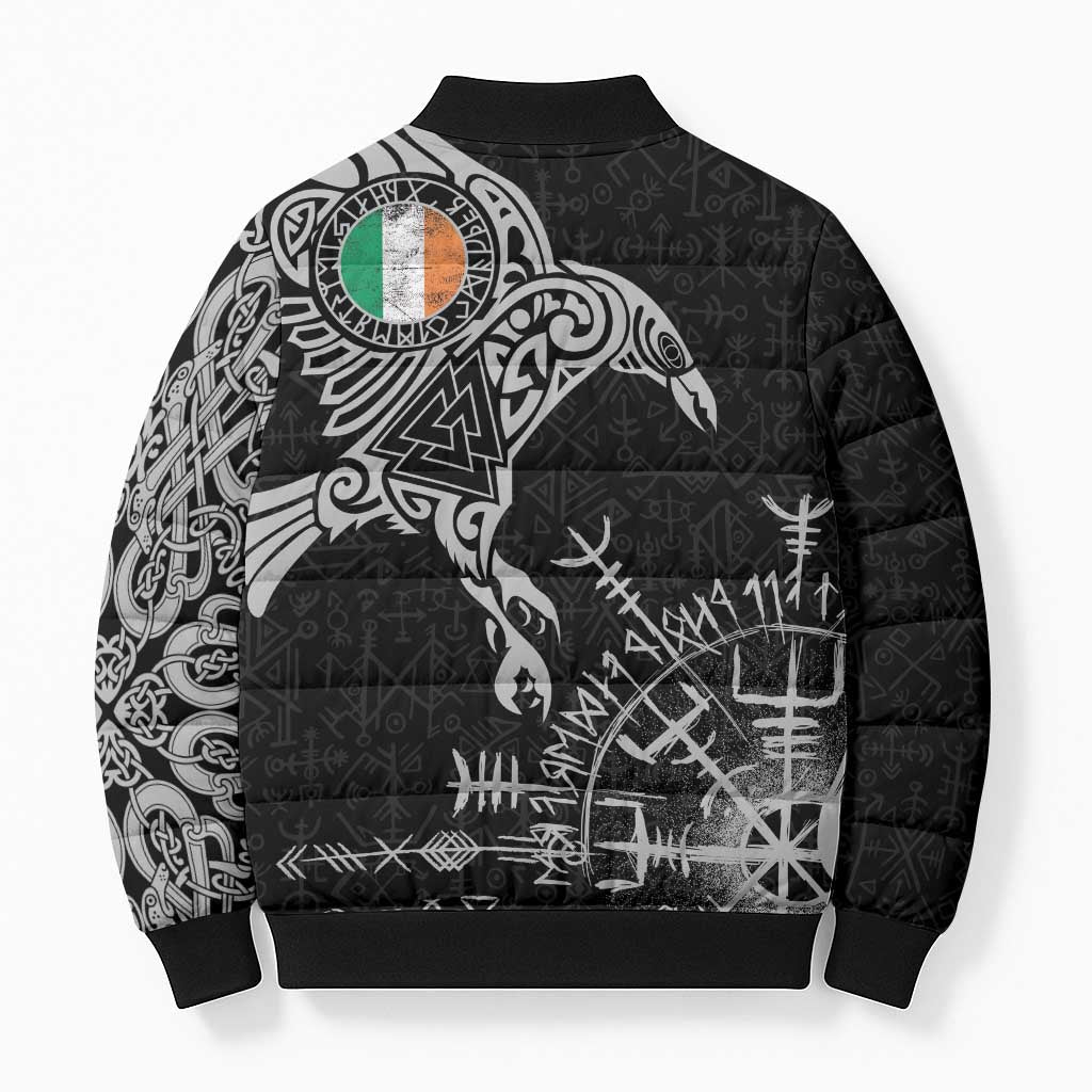 Ireland Viking Ravens Bomber Puffer Jacket Vegvisir Runes Pattern - Wonder Print Shop
