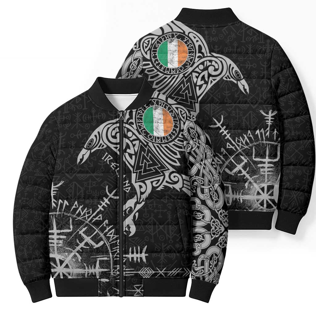 Ireland Viking Ravens Bomber Puffer Jacket Vegvisir Runes Pattern - Wonder Print Shop