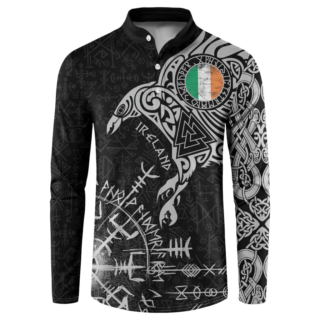Ireland Viking Ravens Button Sweatshirt Vegvisir Runes Pattern - Wonder Print Shop