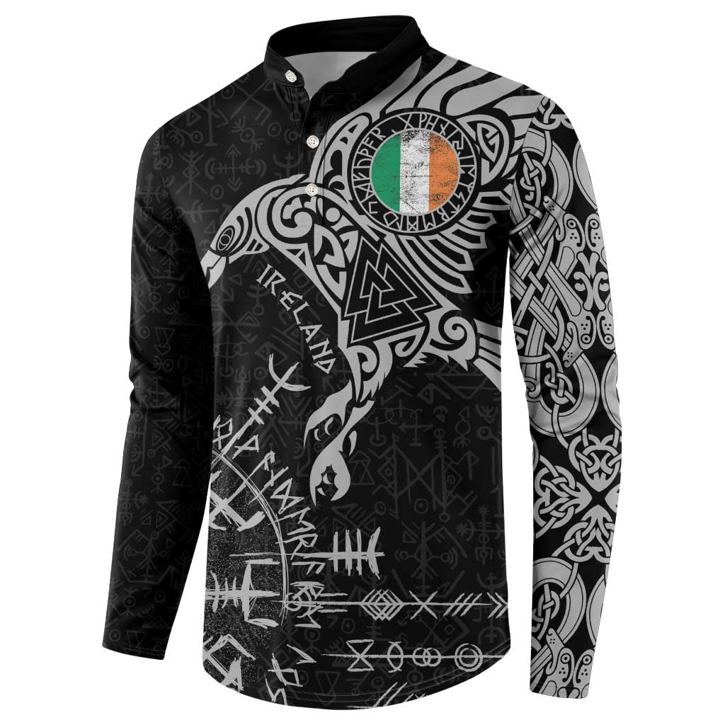 Ireland Viking Ravens Button Sweatshirt Vegvisir Runes Pattern - Wonder Print Shop