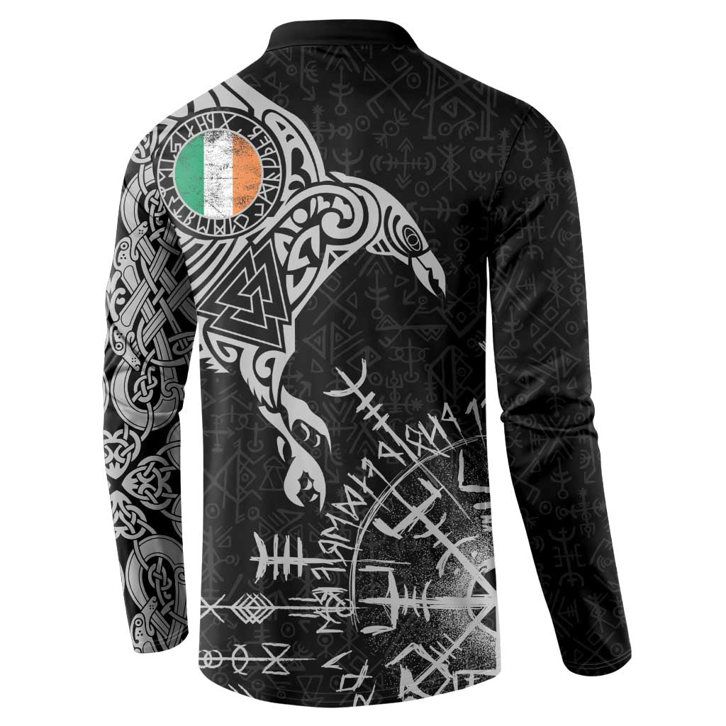 Ireland Viking Ravens Button Sweatshirt Vegvisir Runes Pattern - Wonder Print Shop