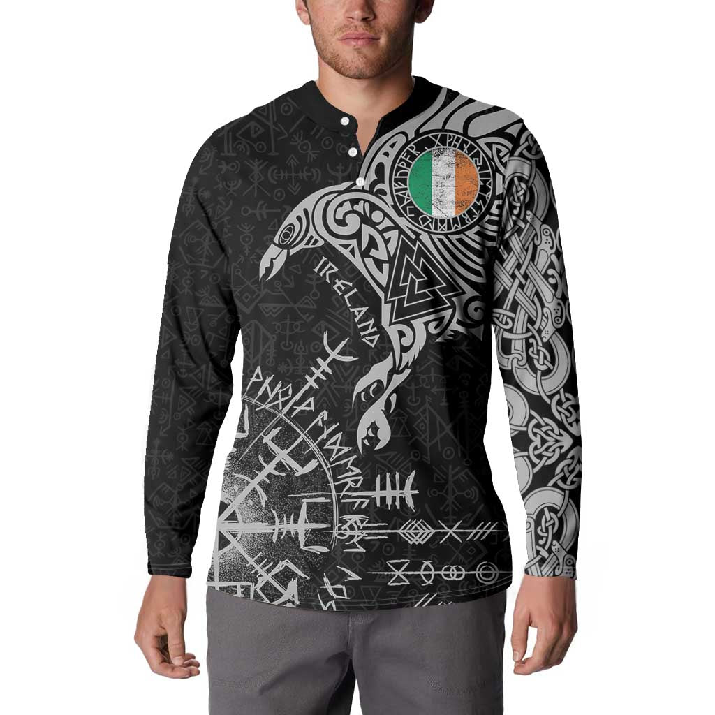 Ireland Viking Ravens Button Sweatshirt Vegvisir Runes Pattern - Wonder Print Shop