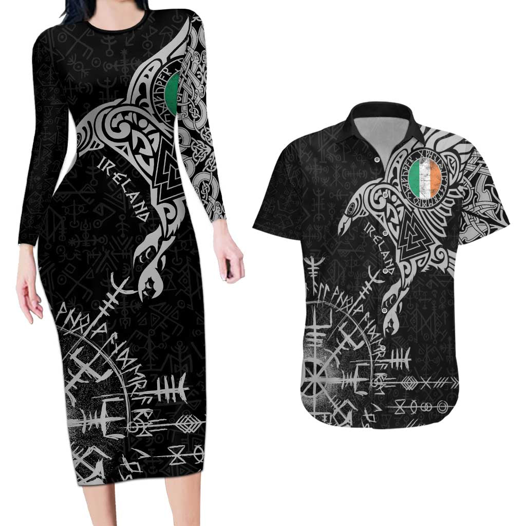 Ireland Viking Ravens Couples Matching Long Sleeve Bodycon Dress and Hawaiian Shirt Vegvisir Runes Pattern - Wonder Print Shop
