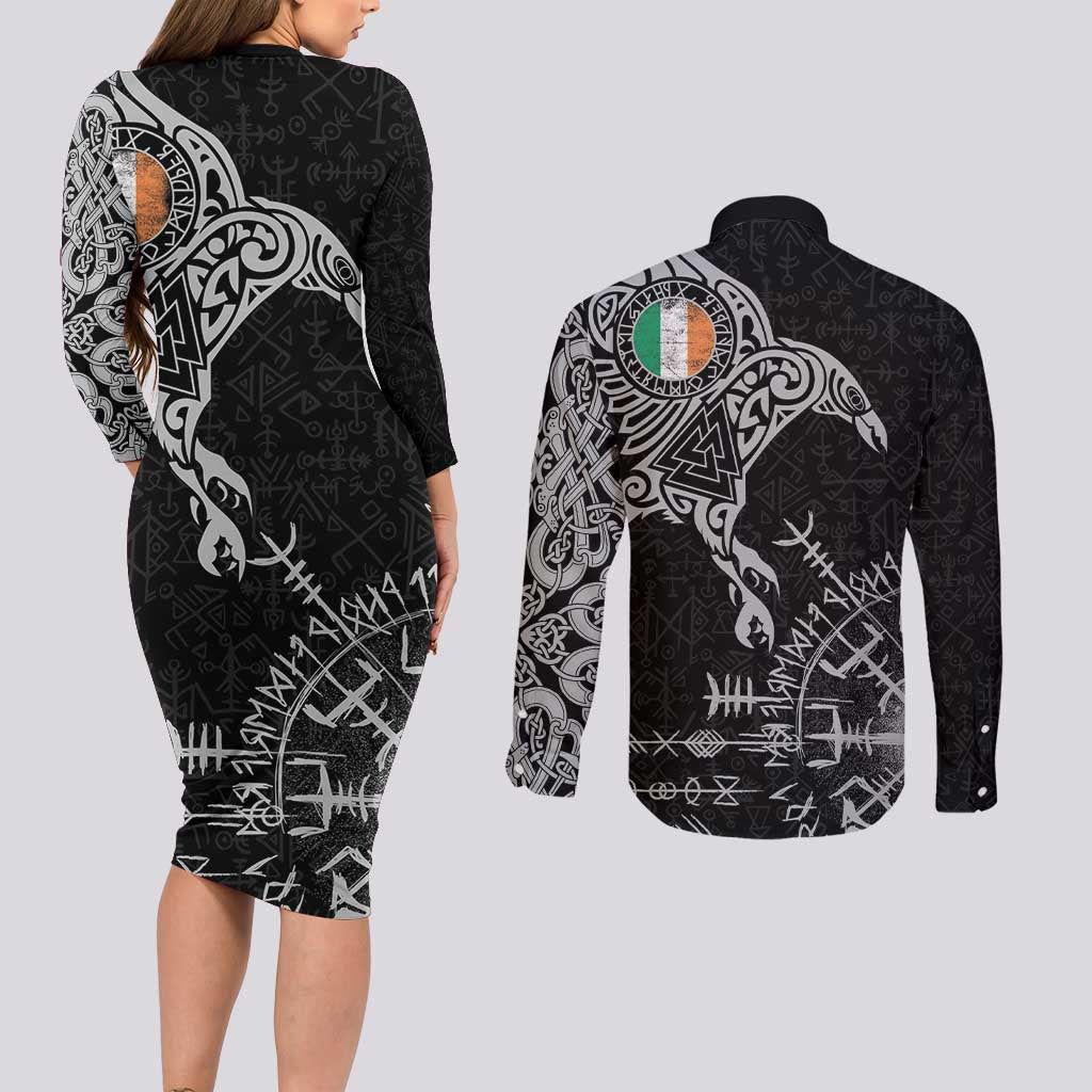 Ireland Viking Ravens Couples Matching Long Sleeve Bodycon Dress and Long Sleeve Button Shirt Vegvisir Runes Pattern - Wonder Print Shop