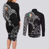 Ireland Viking Ravens Couples Matching Long Sleeve Bodycon Dress and Long Sleeve Button Shirt Vegvisir Runes Pattern - Wonder Print Shop