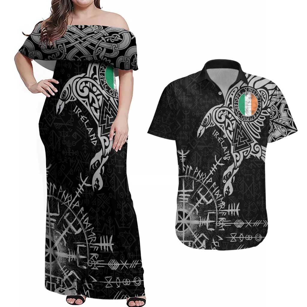 Ireland Viking Ravens Couples Matching Off Shoulder Maxi Dress and Hawaiian Shirt Vegvisir Runes Pattern - Wonder Print Shop
