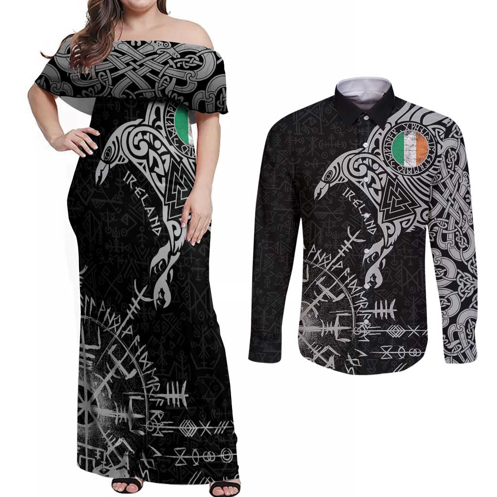 Ireland Viking Ravens Couples Matching Off Shoulder Maxi Dress and Long Sleeve Button Shirt Vegvisir Runes Pattern - Wonder Print Shop