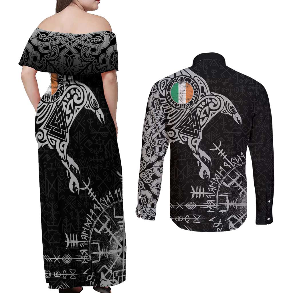 Ireland Viking Ravens Couples Matching Off Shoulder Maxi Dress and Long Sleeve Button Shirt Vegvisir Runes Pattern - Wonder Print Shop