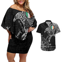 Ireland Viking Ravens Couples Matching Off Shoulder Short Dress and Hawaiian Shirt Vegvisir Runes Pattern - Wonder Print Shop