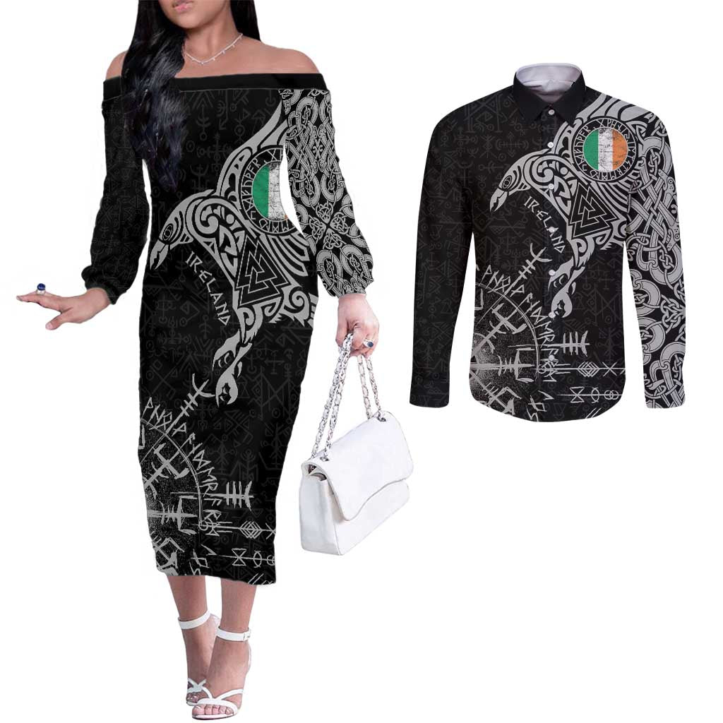 Ireland Viking Ravens Couples Matching Off The Shoulder Long Sleeve Dress and Long Sleeve Button Shirt Vegvisir Runes Pattern - Wonder Print Shop