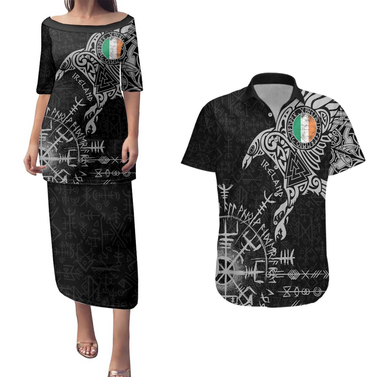 Ireland Viking Ravens Couples Matching Puletasi and Hawaiian Shirt Vegvisir Runes Pattern - Wonder Print Shop
