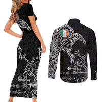 Ireland Viking Ravens Couples Matching Short Sleeve Bodycon Dress and Long Sleeve Button Shirt Vegvisir Runes Pattern - Wonder Print Shop