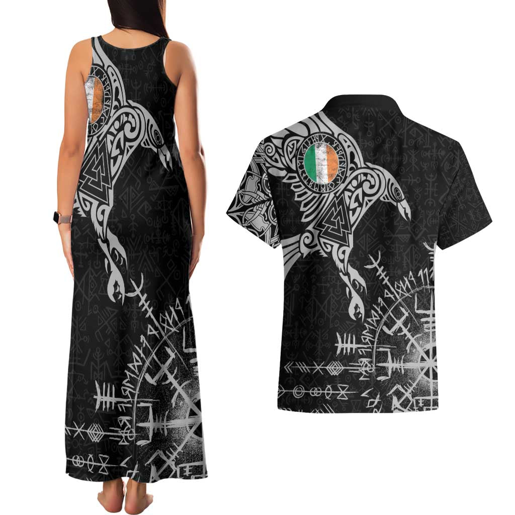 Ireland Viking Ravens Couples Matching Tank Maxi Dress and Hawaiian Shirt Vegvisir Runes Pattern - Wonder Print Shop