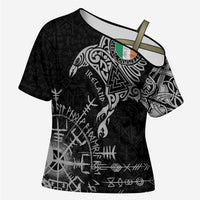 Ireland Viking Ravens Cross Shoulder Shirt Vegvisir Runes Pattern - Wonder Print Shop