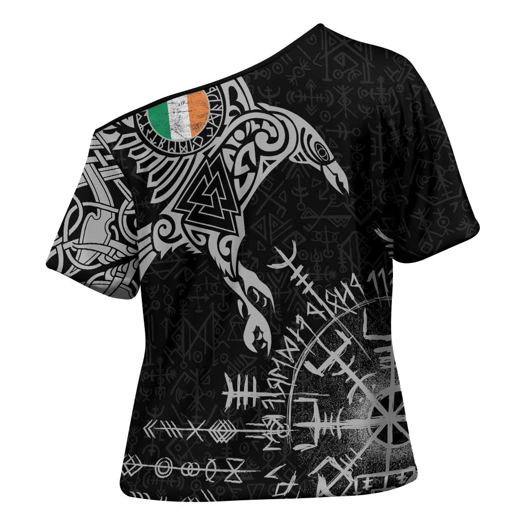 Ireland Viking Ravens Cross Shoulder Shirt Vegvisir Runes Pattern - Wonder Print Shop