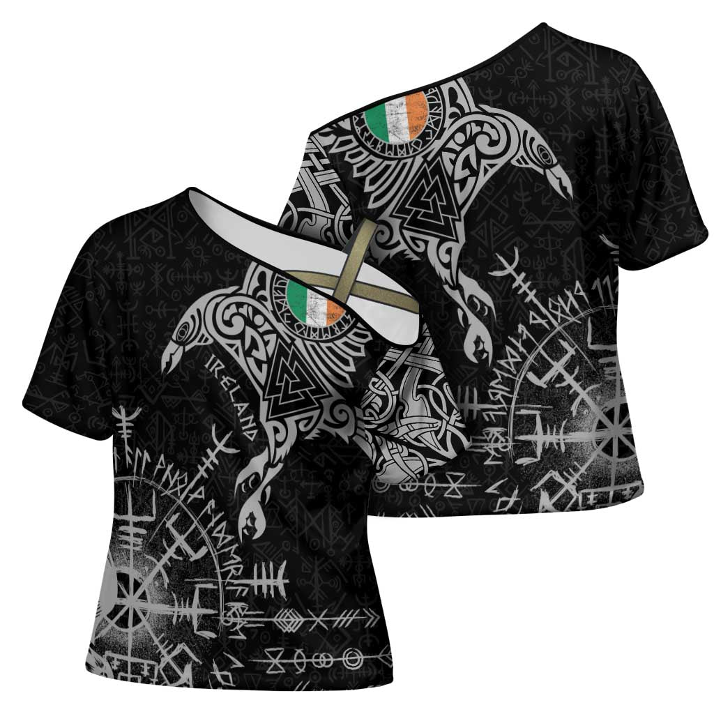 Ireland Viking Ravens Cross Shoulder Shirt Vegvisir Runes Pattern - Wonder Print Shop
