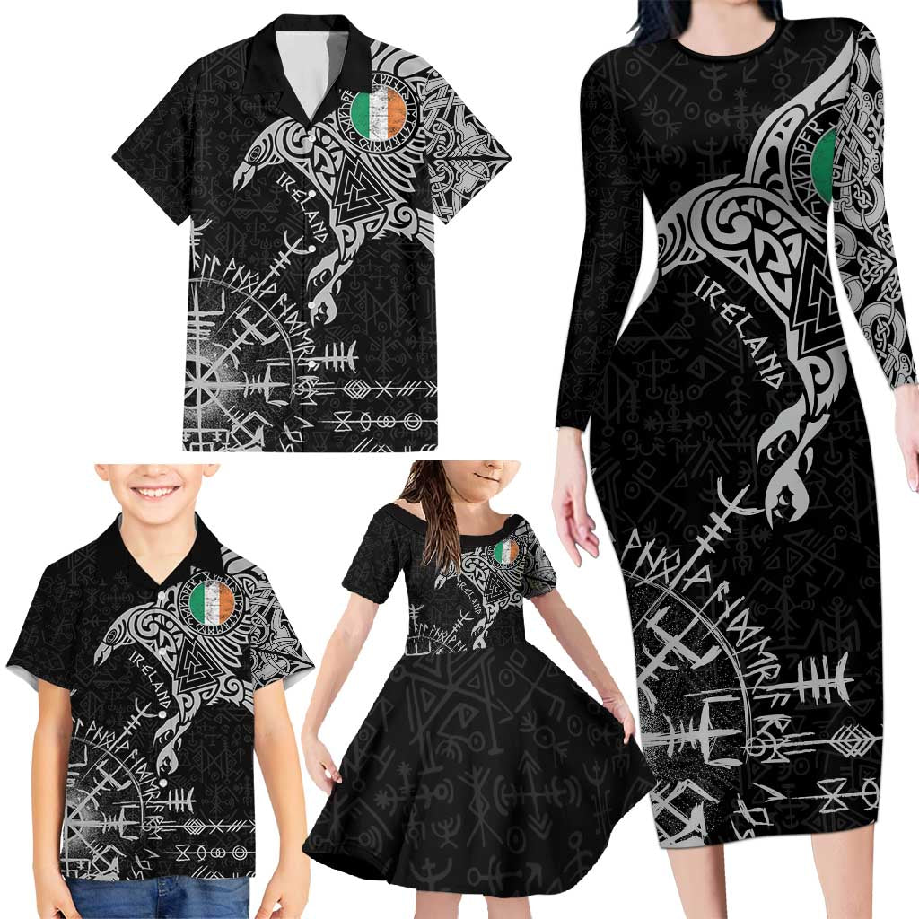 Ireland Viking Ravens Family Matching Long Sleeve Bodycon Dress and Hawaiian Shirt Vegvisir Runes Pattern - Wonder Print Shop