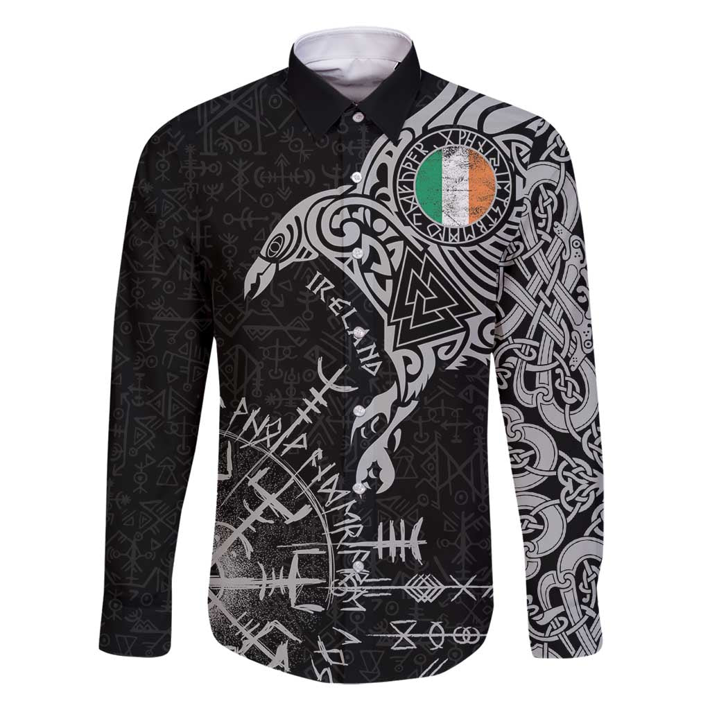 Ireland Viking Ravens Family Matching Long Sleeve Bodycon Dress and Hawaiian Shirt Vegvisir Runes Pattern - Wonder Print Shop