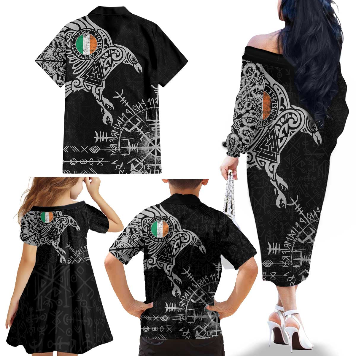 Ireland Viking Ravens Family Matching Off The Shoulder Long Sleeve Dress and Hawaiian Shirt Vegvisir Runes Pattern - Wonder Print Shop