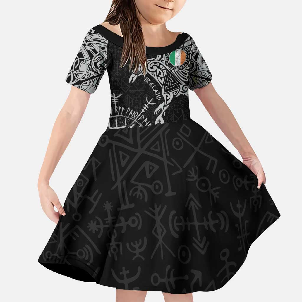Ireland Viking Ravens Family Matching Off Shoulder Maxi Dress and Hawaiian Shirt Vegvisir Runes Pattern - Wonder Print Shop