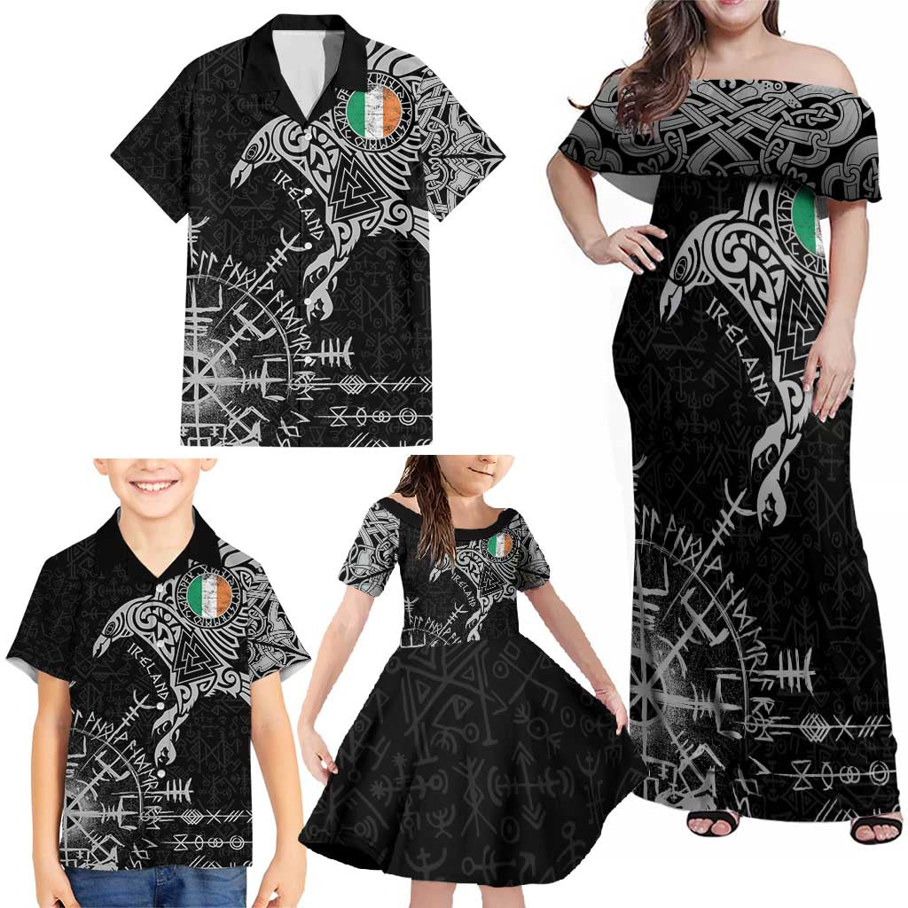 Ireland Viking Ravens Family Matching Off Shoulder Maxi Dress and Hawaiian Shirt Vegvisir Runes Pattern - Wonder Print Shop