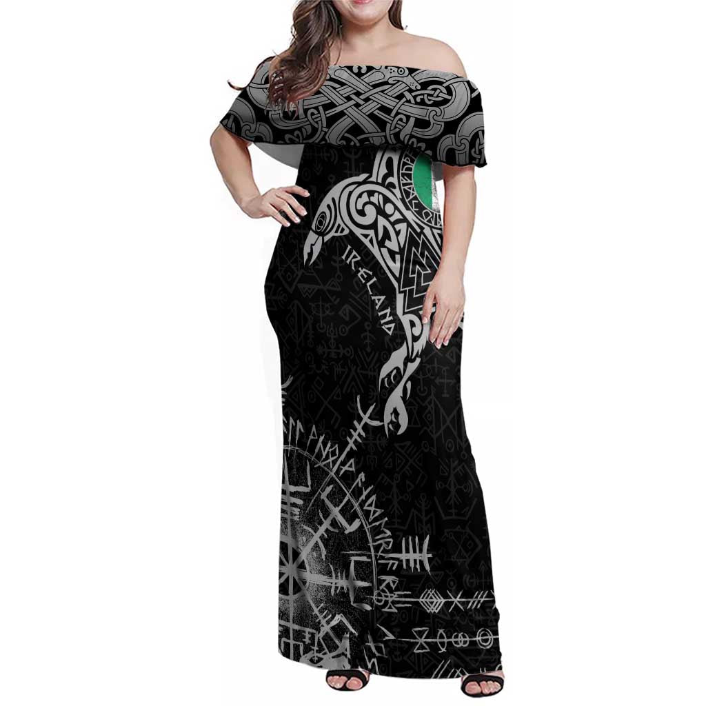 Ireland Viking Ravens Family Matching Off Shoulder Maxi Dress and Hawaiian Shirt Vegvisir Runes Pattern - Wonder Print Shop