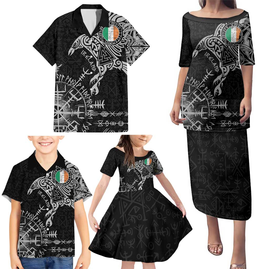 Ireland Viking Ravens Family Matching Puletasi and Hawaiian Shirt Vegvisir Runes Pattern - Wonder Print Shop