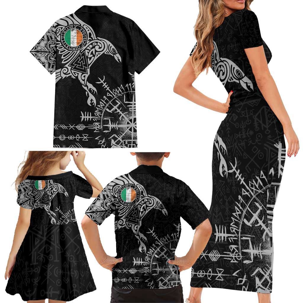 Ireland Viking Ravens Family Matching Short Sleeve Bodycon Dress and Hawaiian Shirt Vegvisir Runes Pattern - Wonder Print Shop