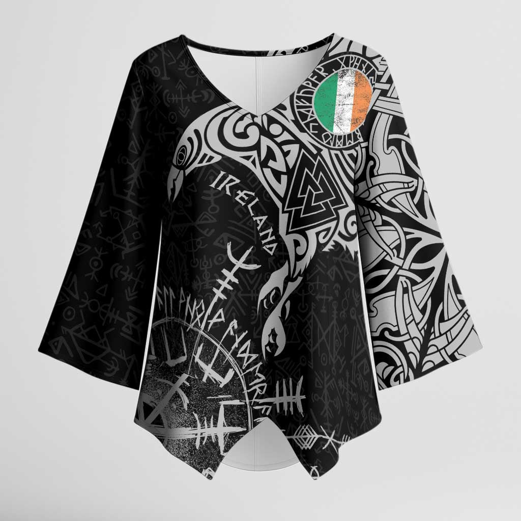 Ireland Viking Ravens Kimono Sleeve Blouse Vegvisir Runes Pattern - Wonder Print Shop