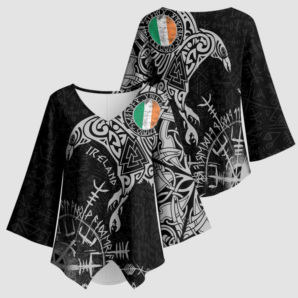 Ireland Viking Ravens Kimono Sleeve Blouse Vegvisir Runes Pattern - Wonder Print Shop