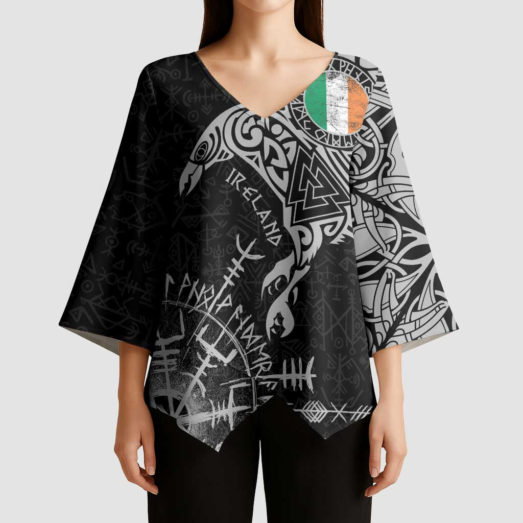 Ireland Viking Ravens Kimono Sleeve Blouse Vegvisir Runes Pattern - Wonder Print Shop