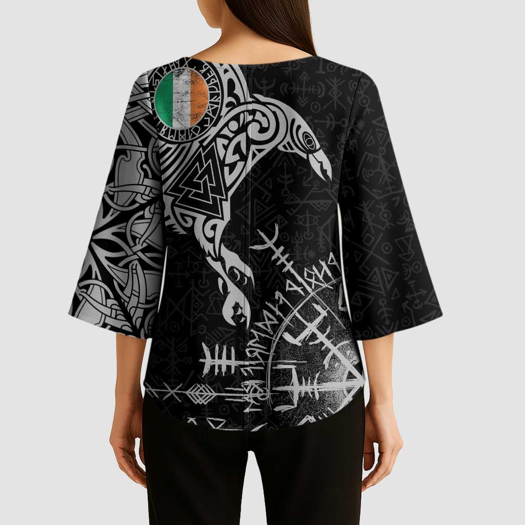 Ireland Viking Ravens Kimono Sleeve Blouse Vegvisir Runes Pattern - Wonder Print Shop