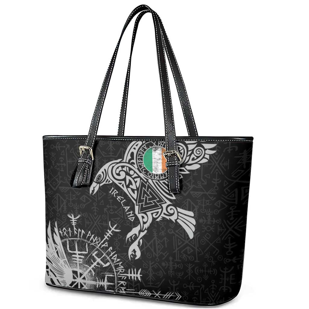 Ireland Viking Ravens Leather Tote Bag Vegvisir Runes Pattern - Wonder Print Shop