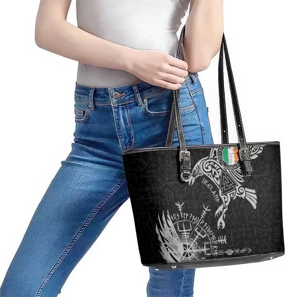 Ireland Viking Ravens Leather Tote Bag Vegvisir Runes Pattern - Wonder Print Shop