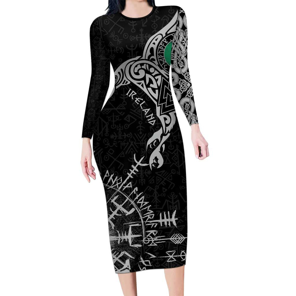 Ireland Viking Ravens Long Sleeve Bodycon Dress Vegvisir Runes Pattern - Wonder Print Shop