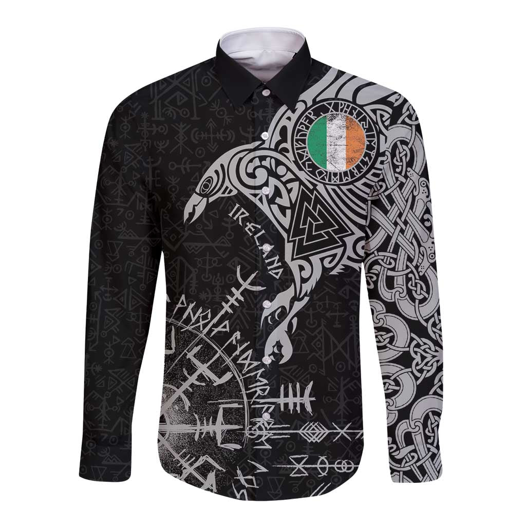 Ireland Viking Ravens Long Sleeve Button Shirt Vegvisir Runes Pattern - Wonder Print Shop