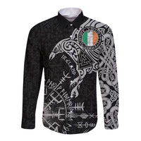 Ireland Viking Ravens Long Sleeve Button Shirt Vegvisir Runes Pattern - Wonder Print Shop
