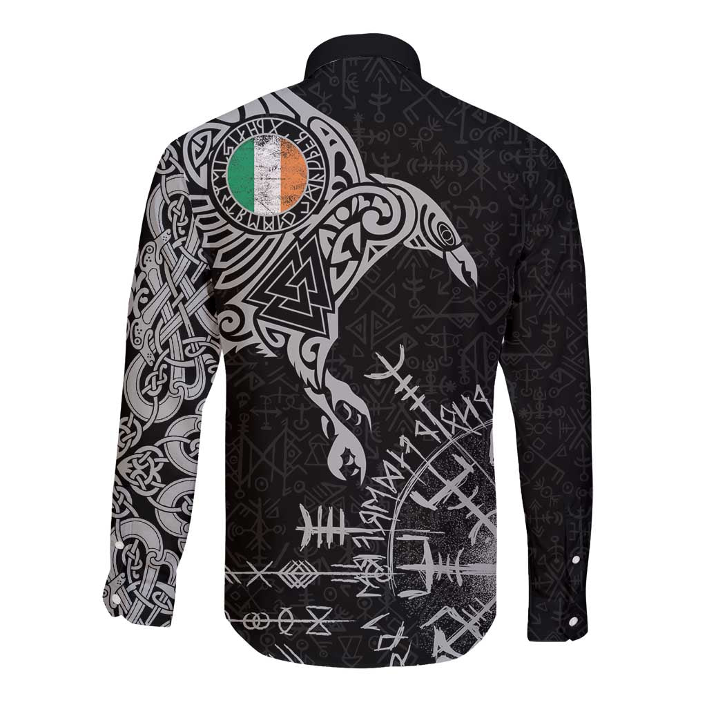 Ireland Viking Ravens Long Sleeve Button Shirt Vegvisir Runes Pattern - Wonder Print Shop