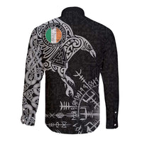 Ireland Viking Ravens Long Sleeve Button Shirt Vegvisir Runes Pattern - Wonder Print Shop