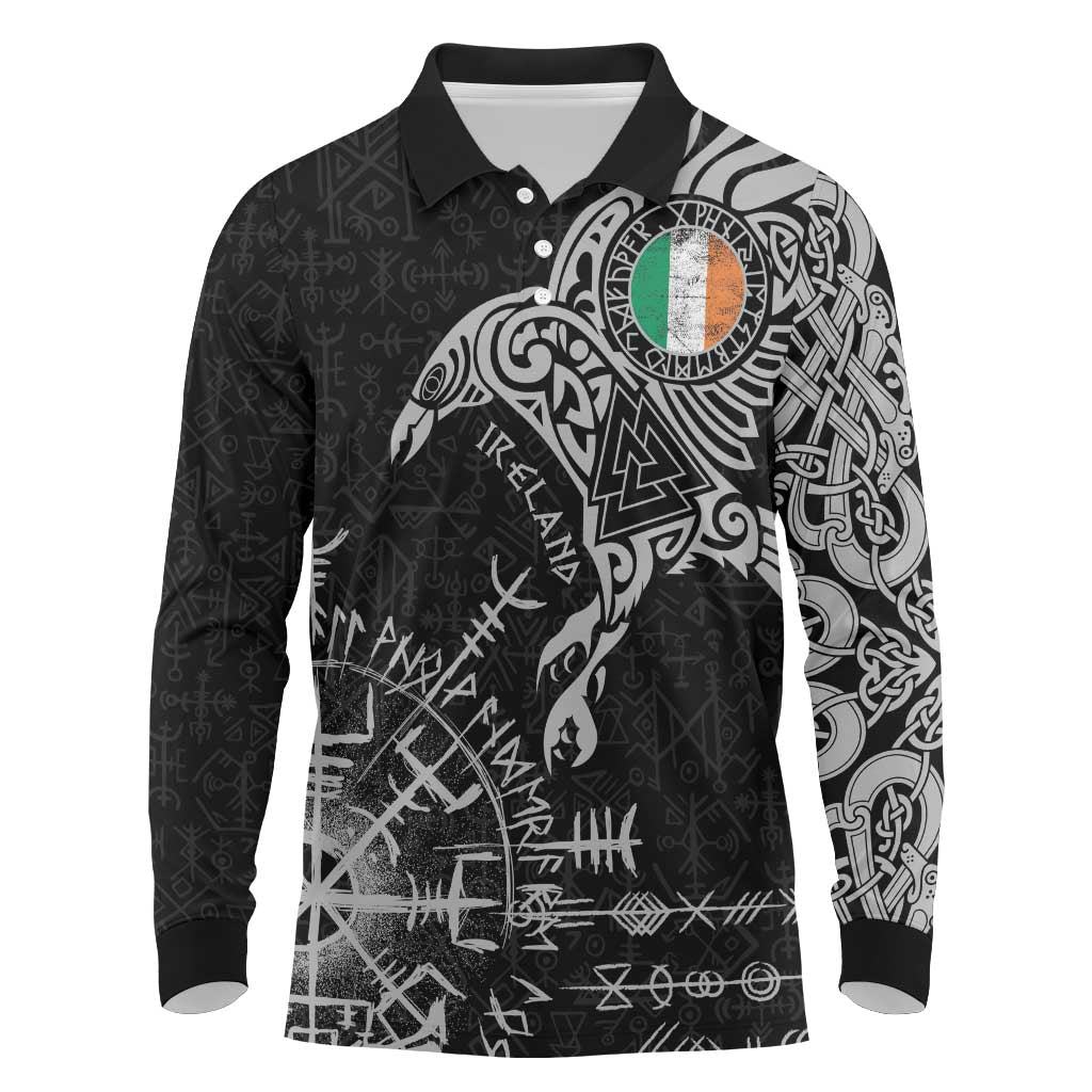 Ireland Viking Ravens Long Sleeve Polo Shirt Vegvisir Runes Pattern - Wonder Print Shop
