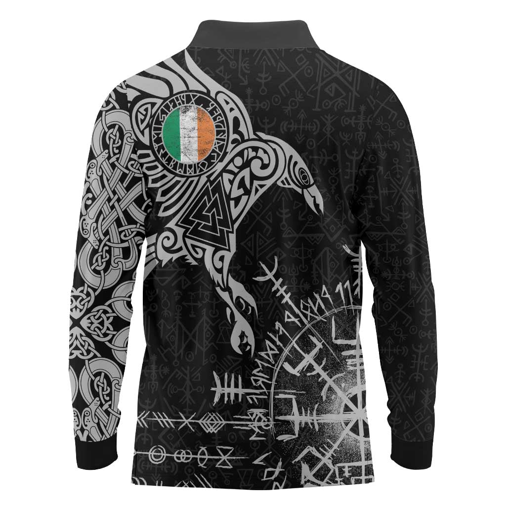 Ireland Viking Ravens Long Sleeve Polo Shirt Vegvisir Runes Pattern - Wonder Print Shop