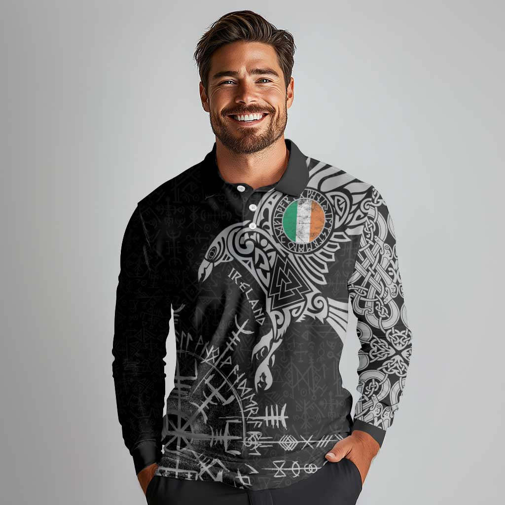 Ireland Viking Ravens Long Sleeve Polo Shirt Vegvisir Runes Pattern - Wonder Print Shop