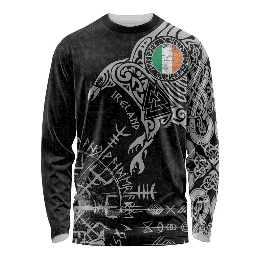 Ireland Viking Ravens Long Sleeve Shirt Vegvisir Runes Pattern - Wonder Print Shop