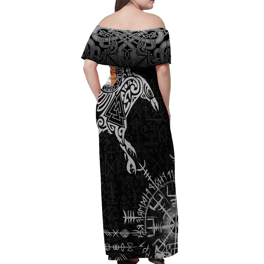 Ireland Viking Ravens Off Shoulder Maxi Dress Vegvisir Runes Pattern - Wonder Print Shop