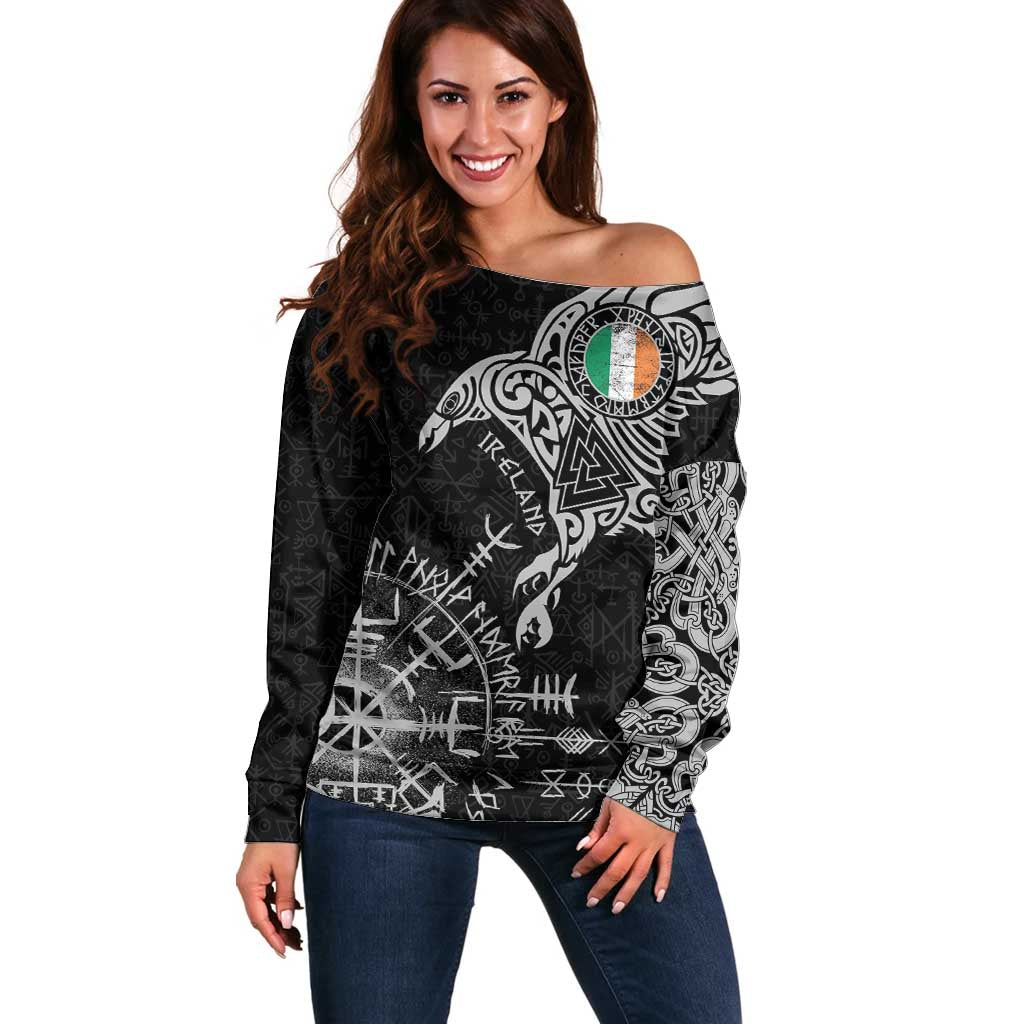 Ireland Viking Ravens Off Shoulder Sweater Vegvisir Runes Pattern - Wonder Print Shop