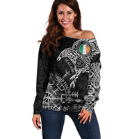 Ireland Viking Ravens Off Shoulder Sweater Vegvisir Runes Pattern - Wonder Print Shop