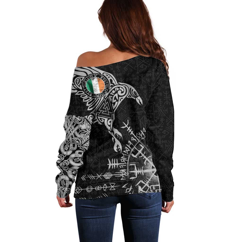 Ireland Viking Ravens Off Shoulder Sweater Vegvisir Runes Pattern - Wonder Print Shop