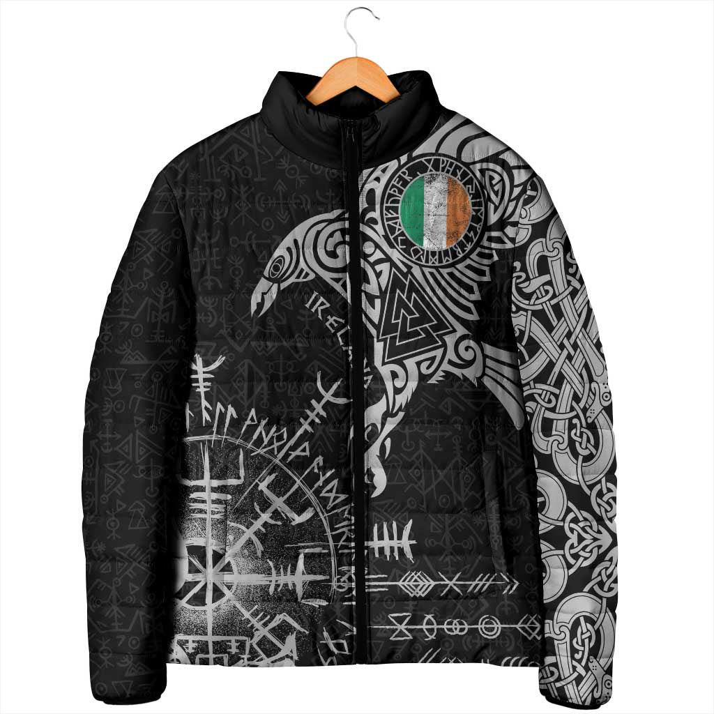 Ireland Viking Ravens Padded Jacket Vegvisir Runes Pattern - Wonder Print Shop