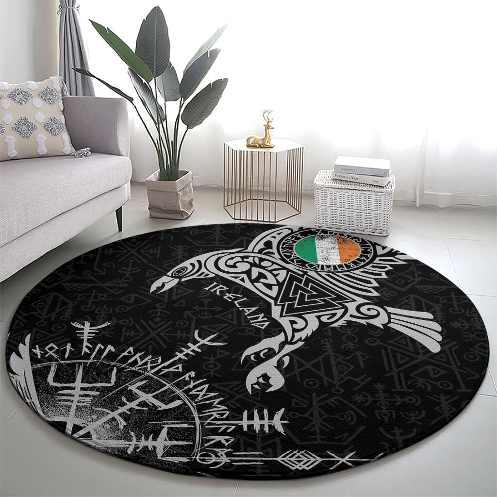 Ireland Viking Ravens Round Carpet Vegvisir Runes Pattern - Wonder Print Shop